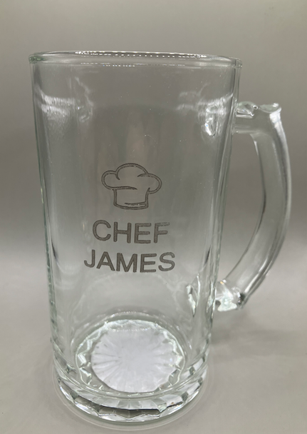 Personalized Beer Mug with Name 'CHEF JAMES' - Two Lines of Text with Chef's Hat Outline Above