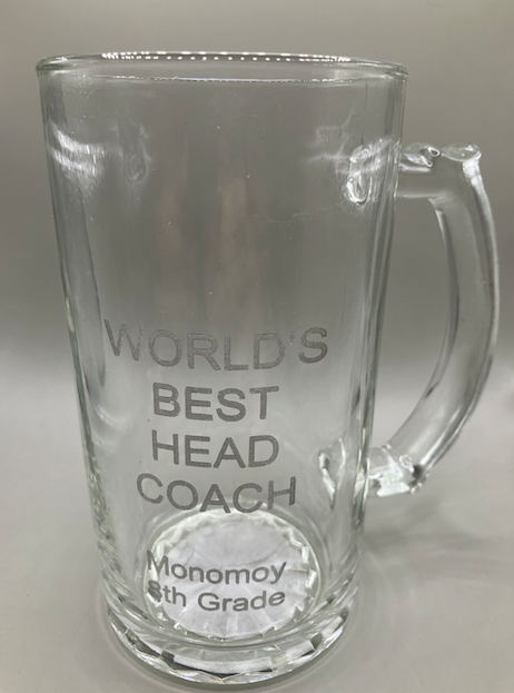 Personalized Beer Mug with Text 'WORLD's BEST HEAD COACH' and 'Monomoy 8th Grade' Below