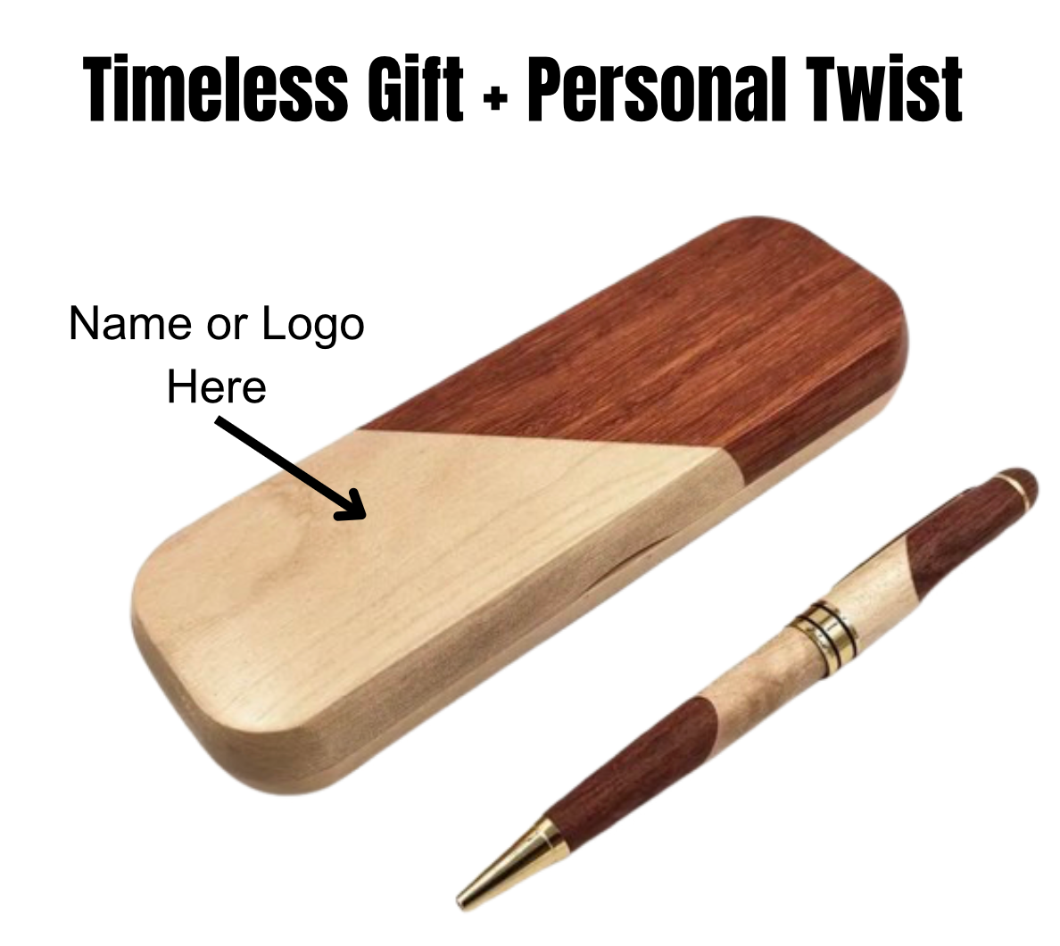 Engraved wooden ballpoint pen set featuring a 6.7”x2.1” wooden display box and a 5.7” twist-closure pen.