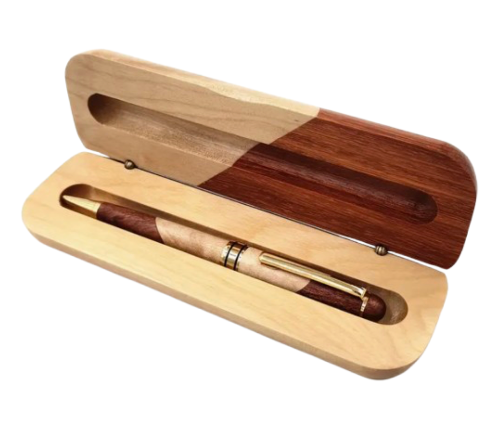 display box with dimensions of 6.7”x2.1” and a 5.7” premium ballpoint pen. Box is shown open displaying the pen inside.