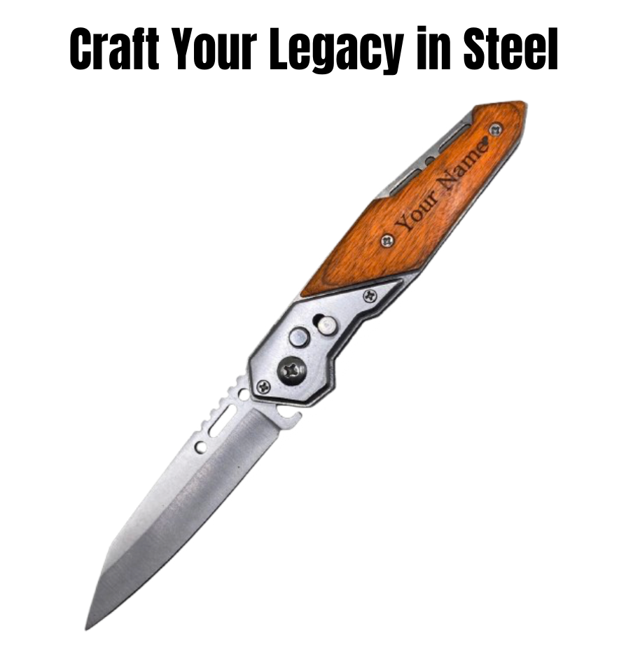 Custom engraved pocket knife with stainless-steel blade and treated wood handle, showcasing premium craftsmanship and personalized engraving options.
