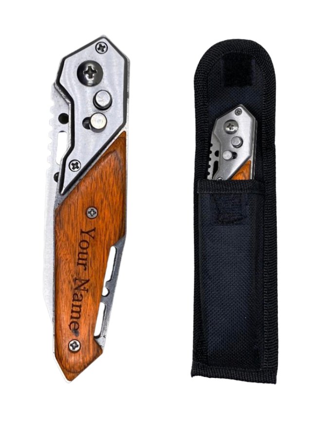 Custom engraved pocket knife with stainless-steel blade and treated wood handle. this image shows the knife closed and the knife pouch side by side.