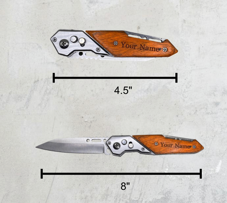 Dimensions of the custom engraved pocket knife: closed size 4.5 x 1.0 x 0.6 inches, open size 8 x 1.0 x 0.6 inches, blade length 3.25 inches.