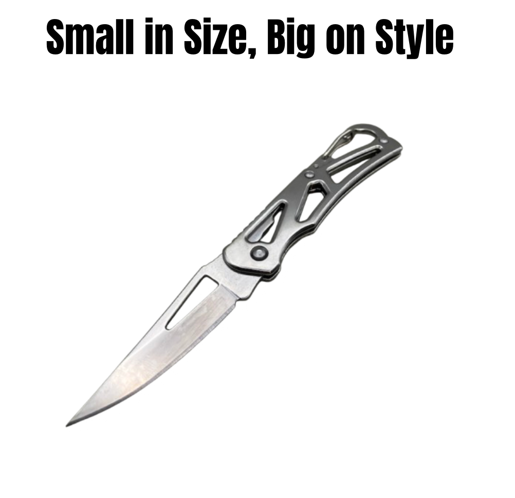Compact silver folding pocket knife with a sleek design, lightweight and durable, shown in its open position.
