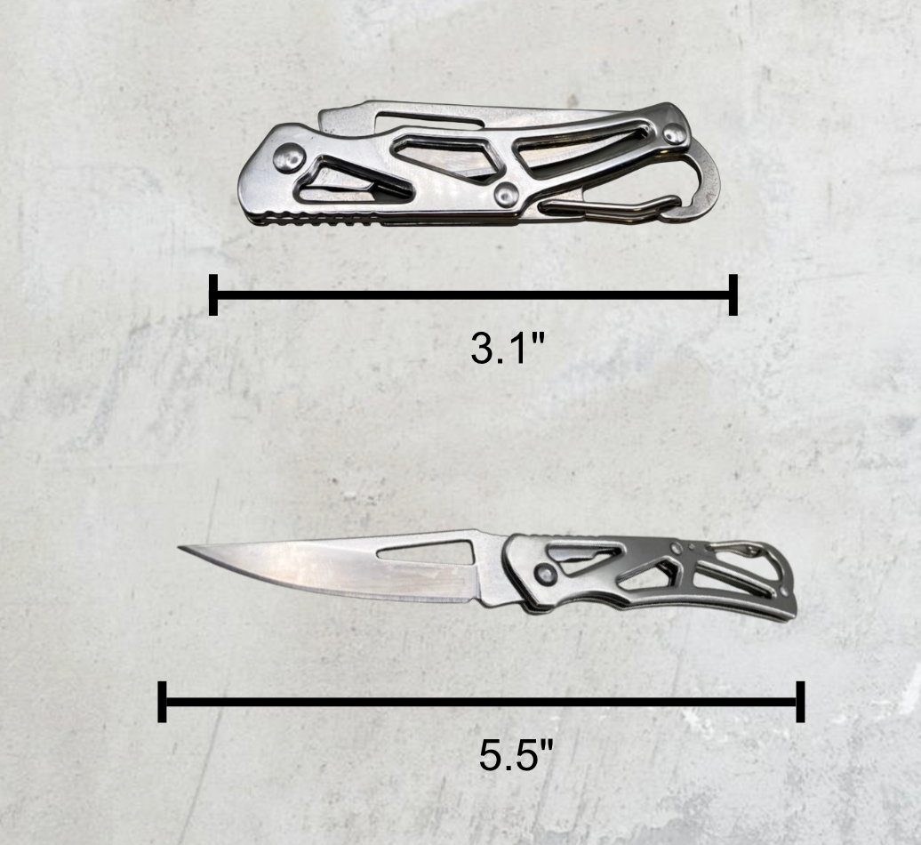 Diagram of the compact silver pocket knife with dimensions; closed size: 3.125 x 0.875 x 0.25 inches, open size: 5.5 x 0.875 inches, blade length: 2.375 inches