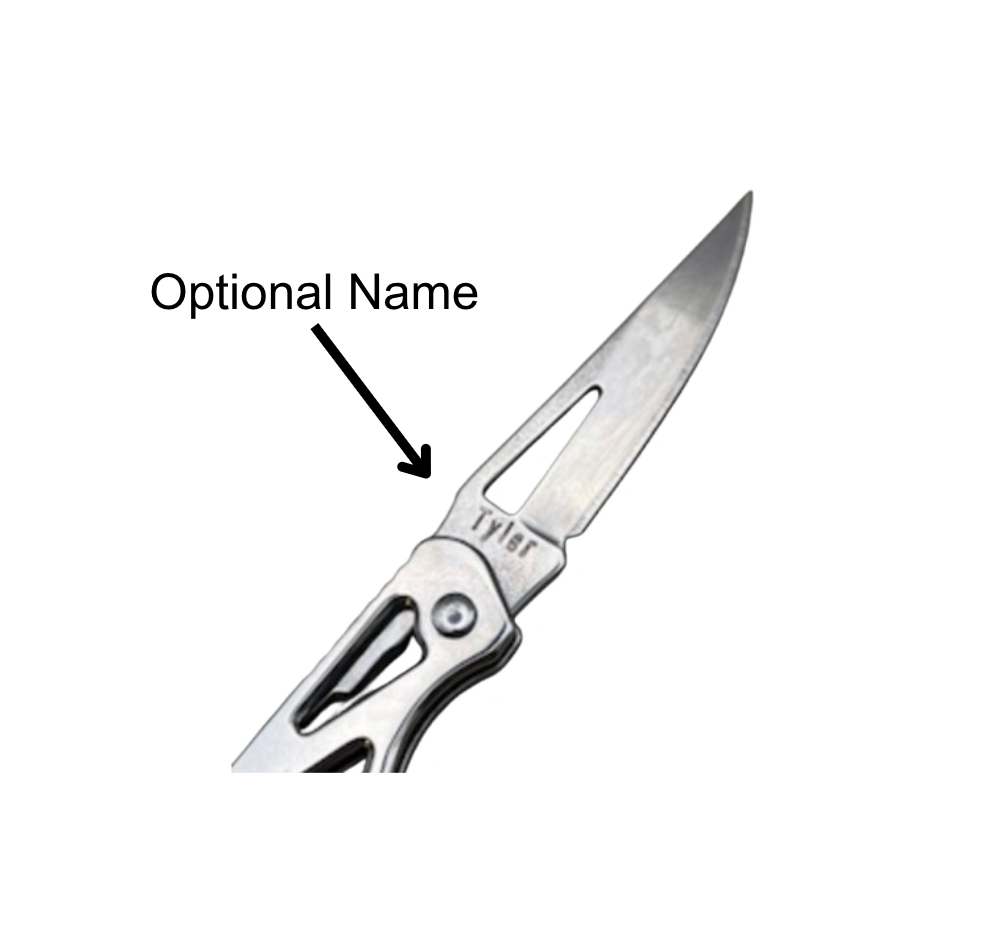 Compact silver pocket knife with optional engraving displayed, featuring the name 'Tyler' engraved on the handle for personalization