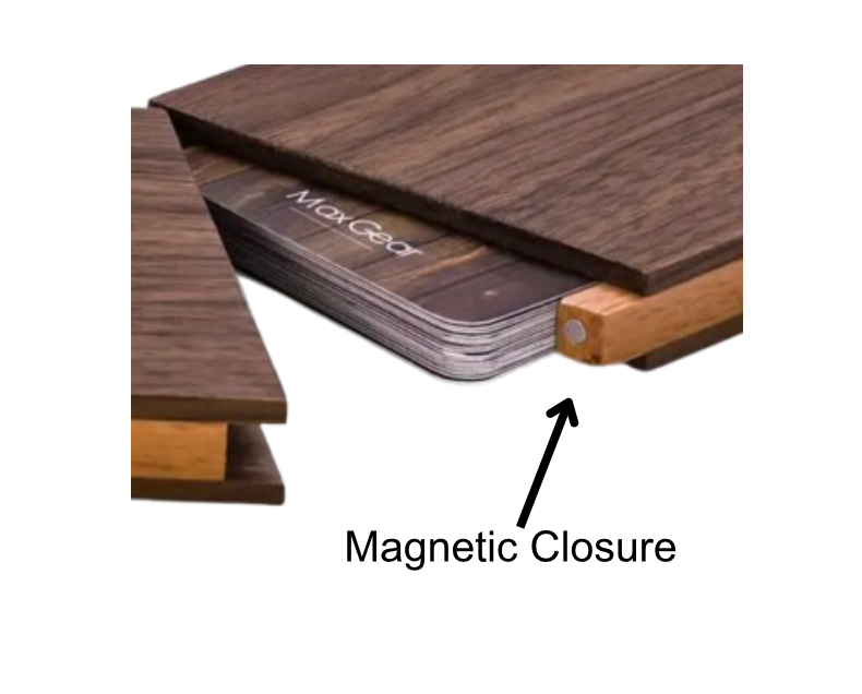 A close-up view of the wooden business card holder demonstrating its magnetic closure feature, with the lid slightly open to showcase the secure and functional design.