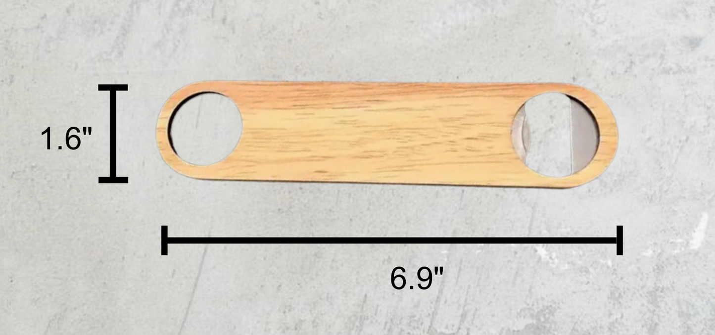 A diagram of the custom beechwood bottle opener with dimensions labeled: 6.9 inches in length and 1.6 inches in width.