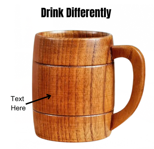 A sustainable jujube wood mug with a heat-resistant striped wooden handle, engraved with custom text, displayed as the main product image.