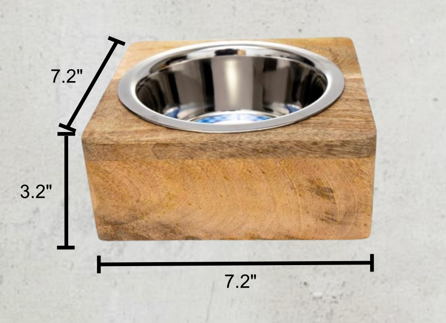 Stainless steel dog bowl with mango wood holder, dimensions 7.19 x 7.18 x 3.2 inches. Elevated feeder with 1-quart capacity, perfect for dogs of all breeds.