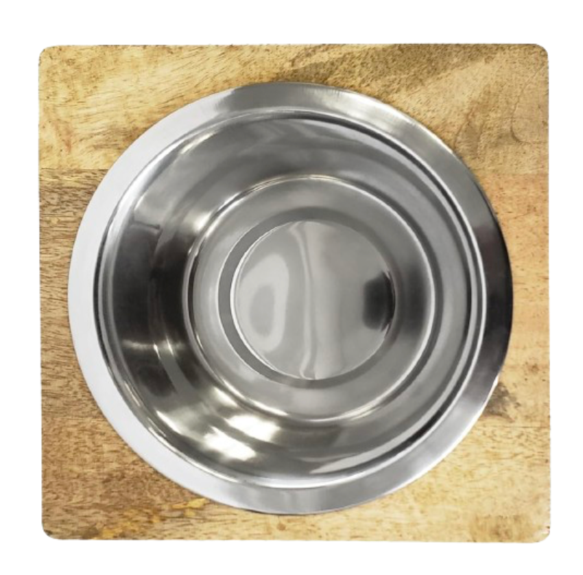 View from above - wooden dog water bowl.