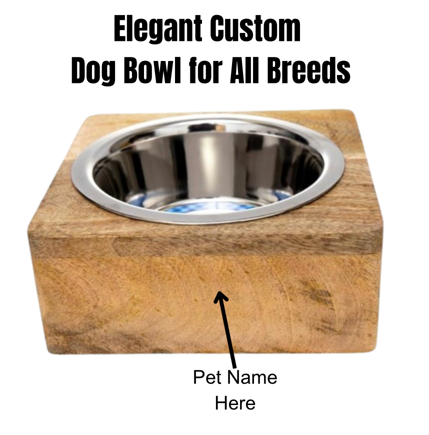 Custom engraved stainless steel dog bowl with mango wood base, showcasing a personalized design on the wooden holder. Durable and stylish pet feeder for dogs of all sizes.
