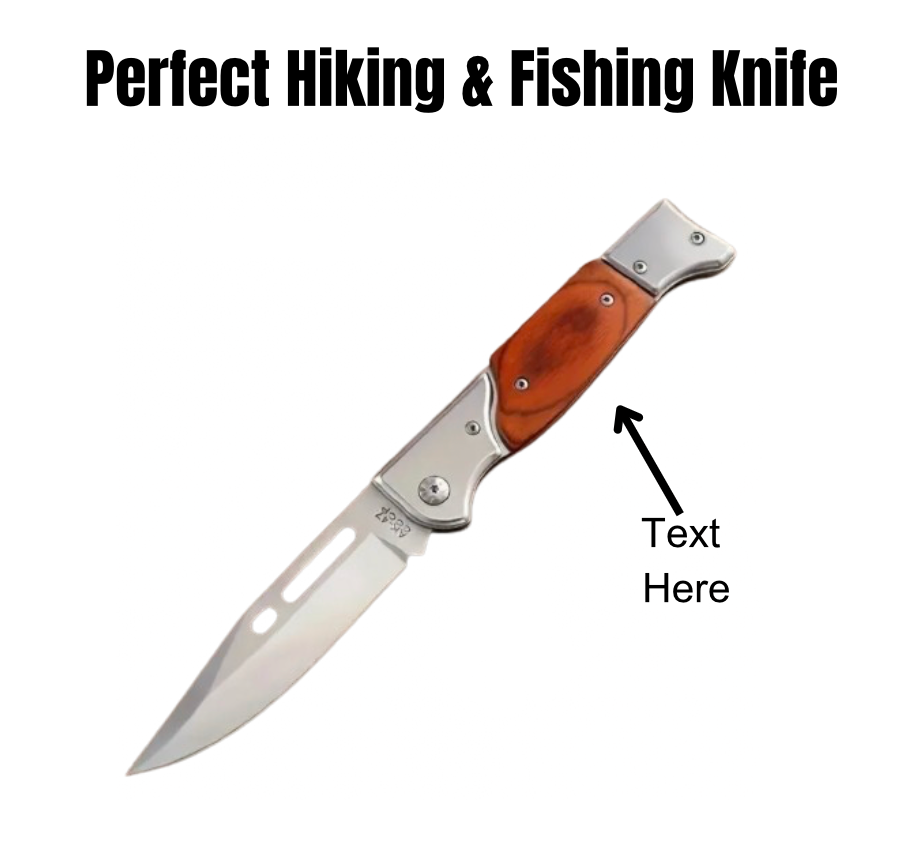 Custom engraved folding knife with stainless steel blade and wood handle. Personalized pocket knife for camping, hiking, fishing, and gifts.