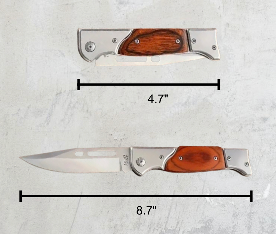 Engraved folding knife with an 8.7-inch open length and 4.7-inch closed length. Stainless steel blade with a durable wood handle for outdoor use.