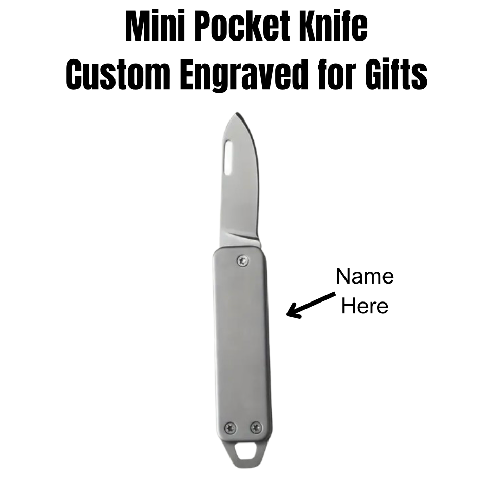 Custom engraved mini folding pocket knife with stainless steel blade and keychain attachment. Personalized engraving on the handle for gifts and EDC.