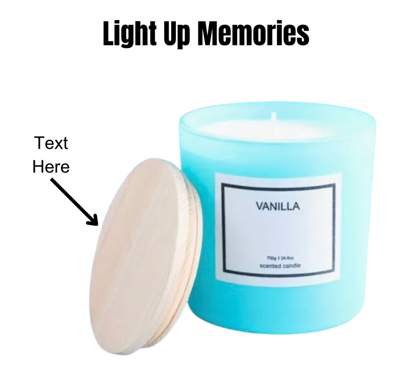 Custom engraved vanilla-scented candle in a personalised glass jar with a wooden lid. Large 700g (24.6oz) candle for home décor and gifting.