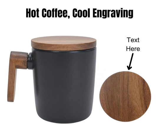 Custom engraved black stoneware mug with a wood handle and matching lid. Personalized design on the wooden lid, perfect for gifts or coffee lovers.