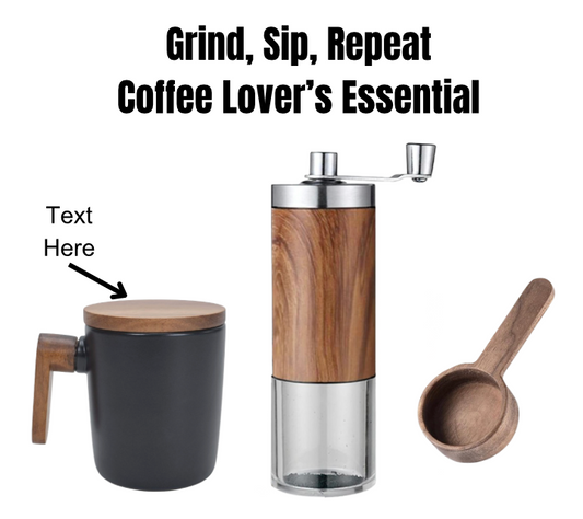 Custom engraved coffee mug, manual coffee grinder, and wooden scoop – personalized coffee lover’s gift set. Unique coffee mug with engraved wooden lid, perfect for brewing and sipping.