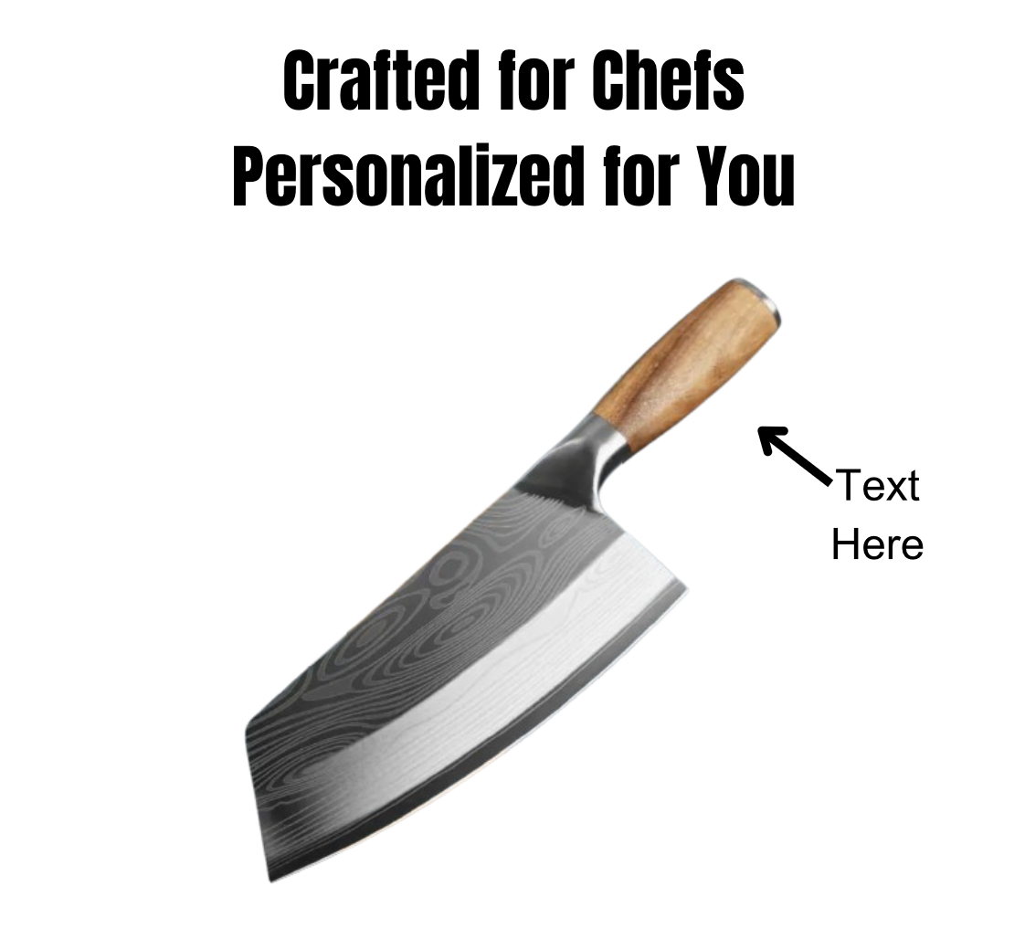 Custom engraved chef knife with stainless steel blade and ergonomic wood handle. Perfect personalized gift for home cooks and professional chefs.