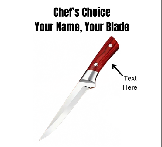 Personalized engraved chef knife with stainless steel blade and ergonomic handle. Ideal cooking gift for chefs, home cooks, and outdoor enthusiasts.
