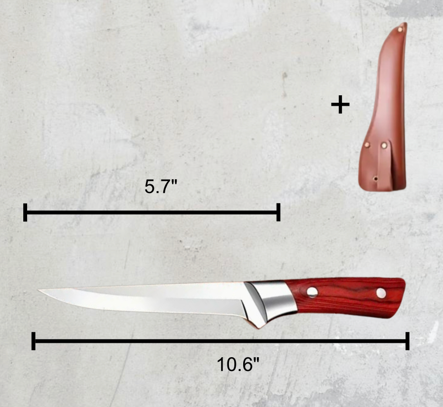 Sharp stainless steel chef knife with a 5.7-inch blade and 10.6-inch total length. Includes a faux leather sheath for safe storage and portability.