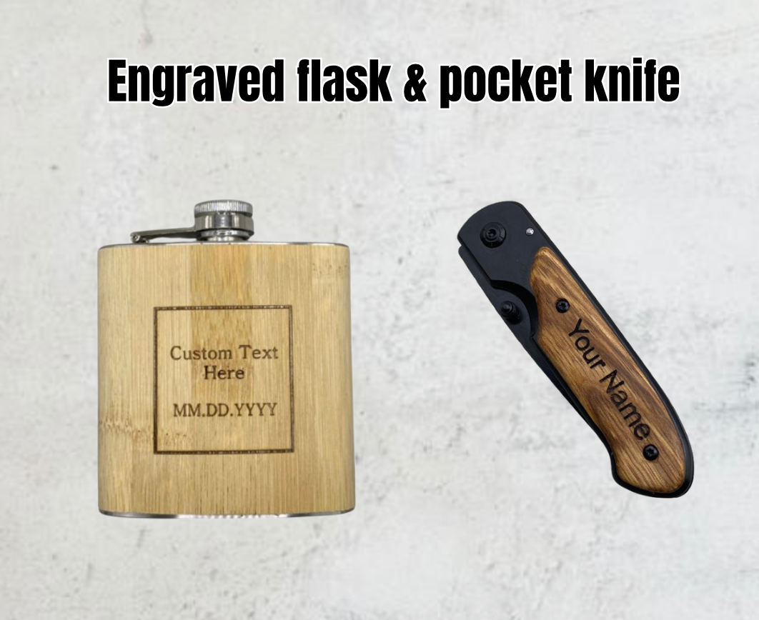 Custom engraved flask and personalized pocket knife with wood handle. High-quality, stylish groomsmen gift set, ideal for weddings, best man gifts, and special occasions.