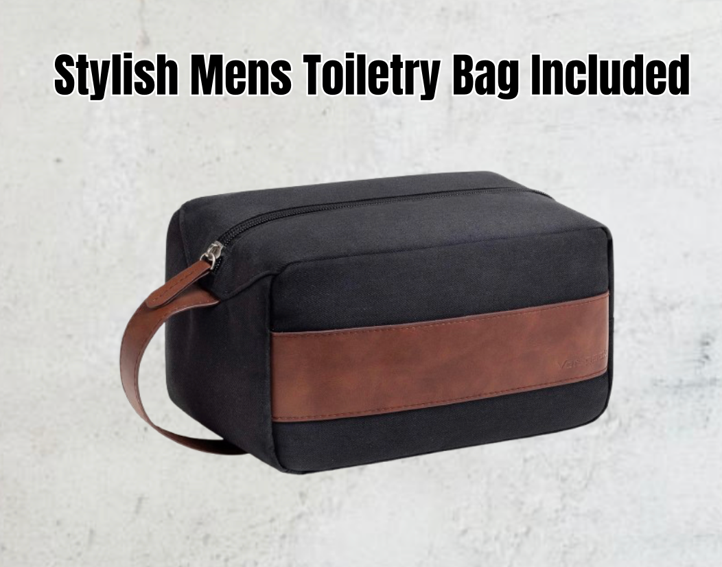 Stylish men's toiletry travel bag included in the Groomsman’s Essentials Pack. Durable and spacious, perfect for carrying grooming essentials and gifts.