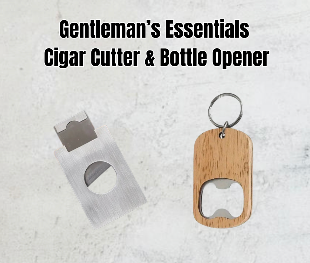 Precision cigar cutter for a clean, smooth cut and durable bottle opener keychain for easy access. Essential accessories for any groomsman gift set.