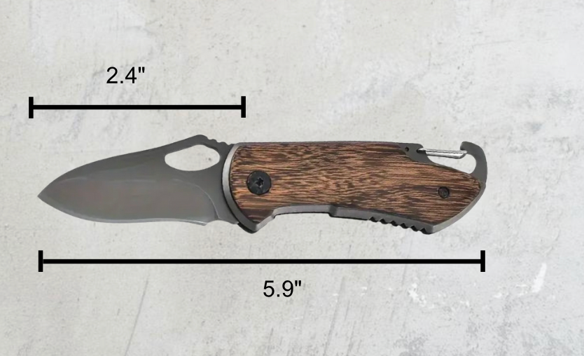 Custom engraved pocket knife with a 5.9-inch open length and 2.4-inch stainless steel blade. Wood handle with secure grip and durable design.