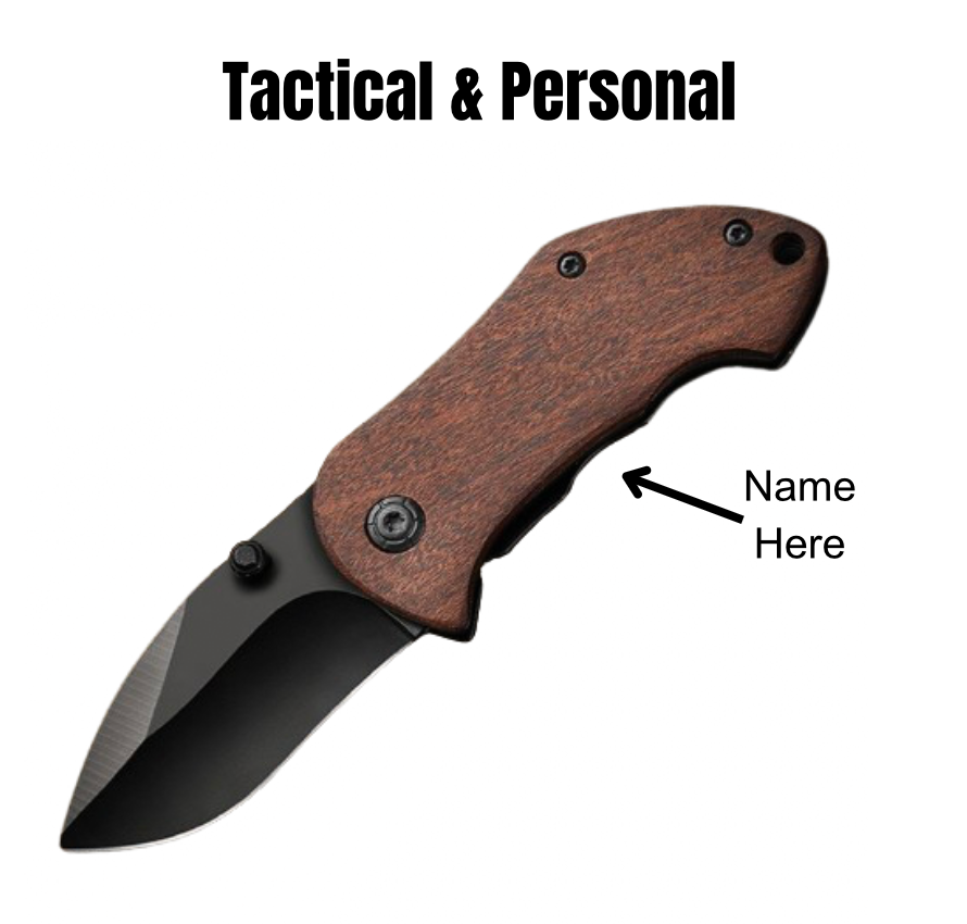 Custom engraved pocket knife with rosewood handle, featuring personalized name, logo, or text engraving. Compact and stylish EDC folding knife.