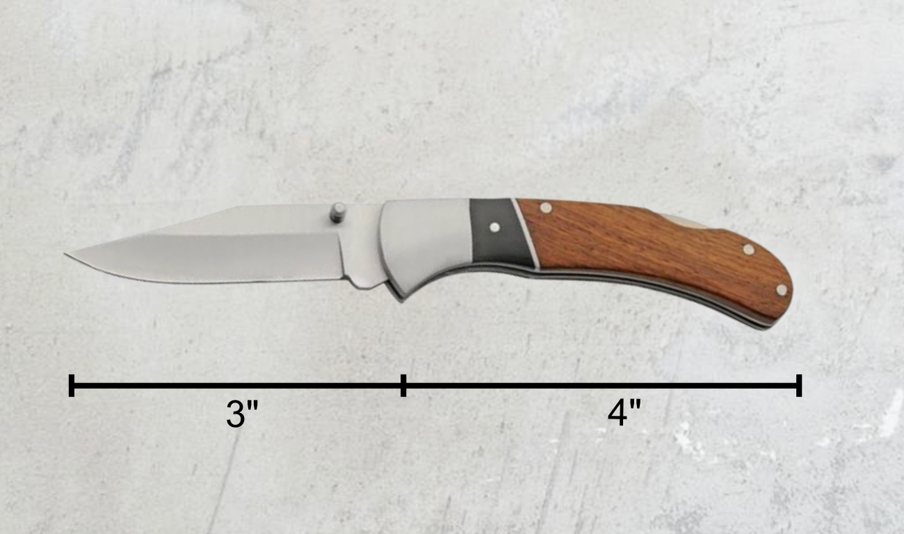 7-inch engraved pocket knife with a 3-inch stainless steel blade, 4-inch wood handle, and lockback mechanism. Perfect personalized gift.