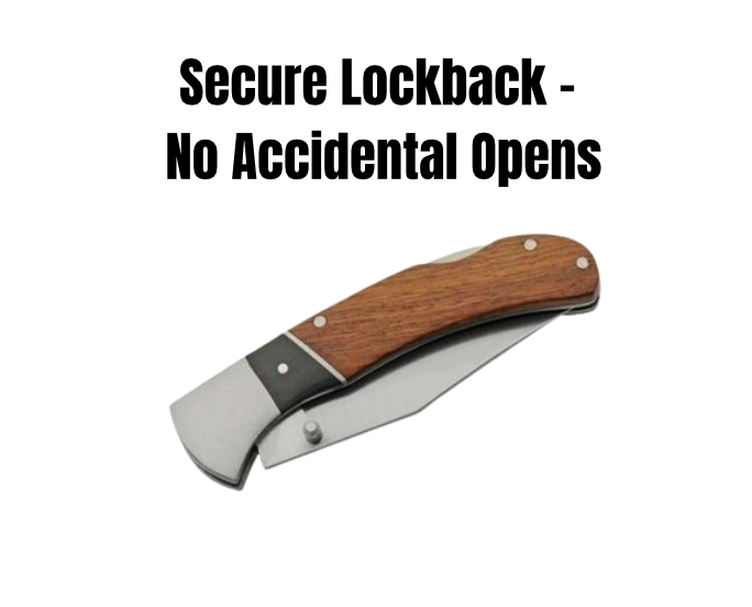 Custom engraved pocket knife in closed position, showcasing the sleek wood handle with personalized engraving. Compact, durable, and perfect for everyday carry.