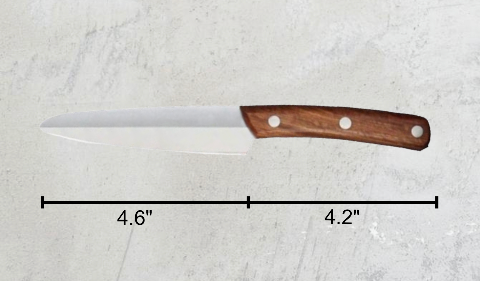 4.6-inch custom engraved knife with detailed size measurements. High-carbon stainless steel blade and wooden handle for precision cutting.