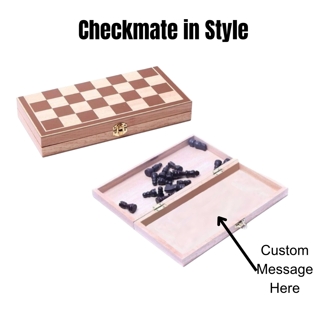 Custom engraved wooden chess set with foldable 15-inch board, personalized gift, classic vintage design, smooth wood finish, durable and portable