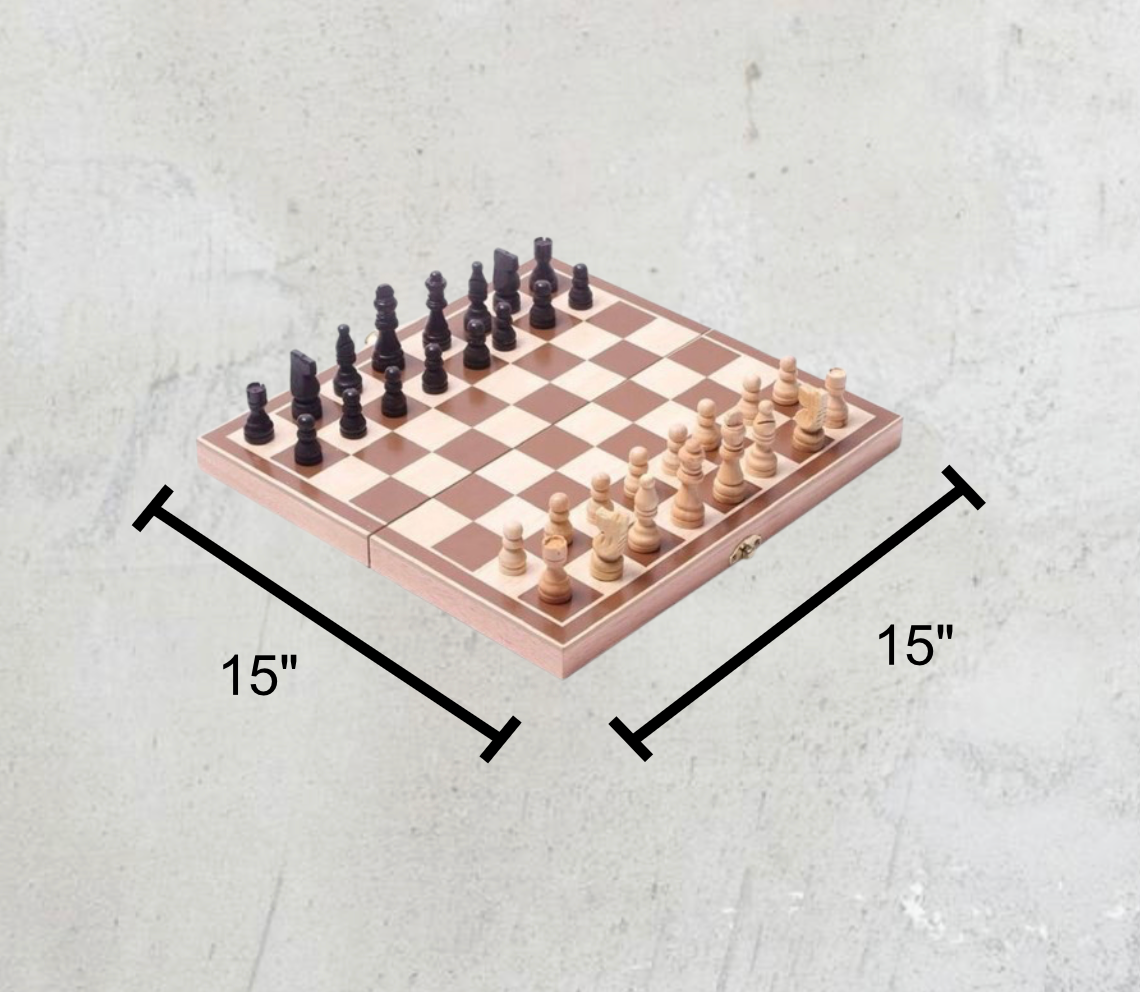 Dimensions of custom engraved wooden chess set, 15-inch foldable board, 3.25-inch king piece, high-quality wood material, detailed size specifications