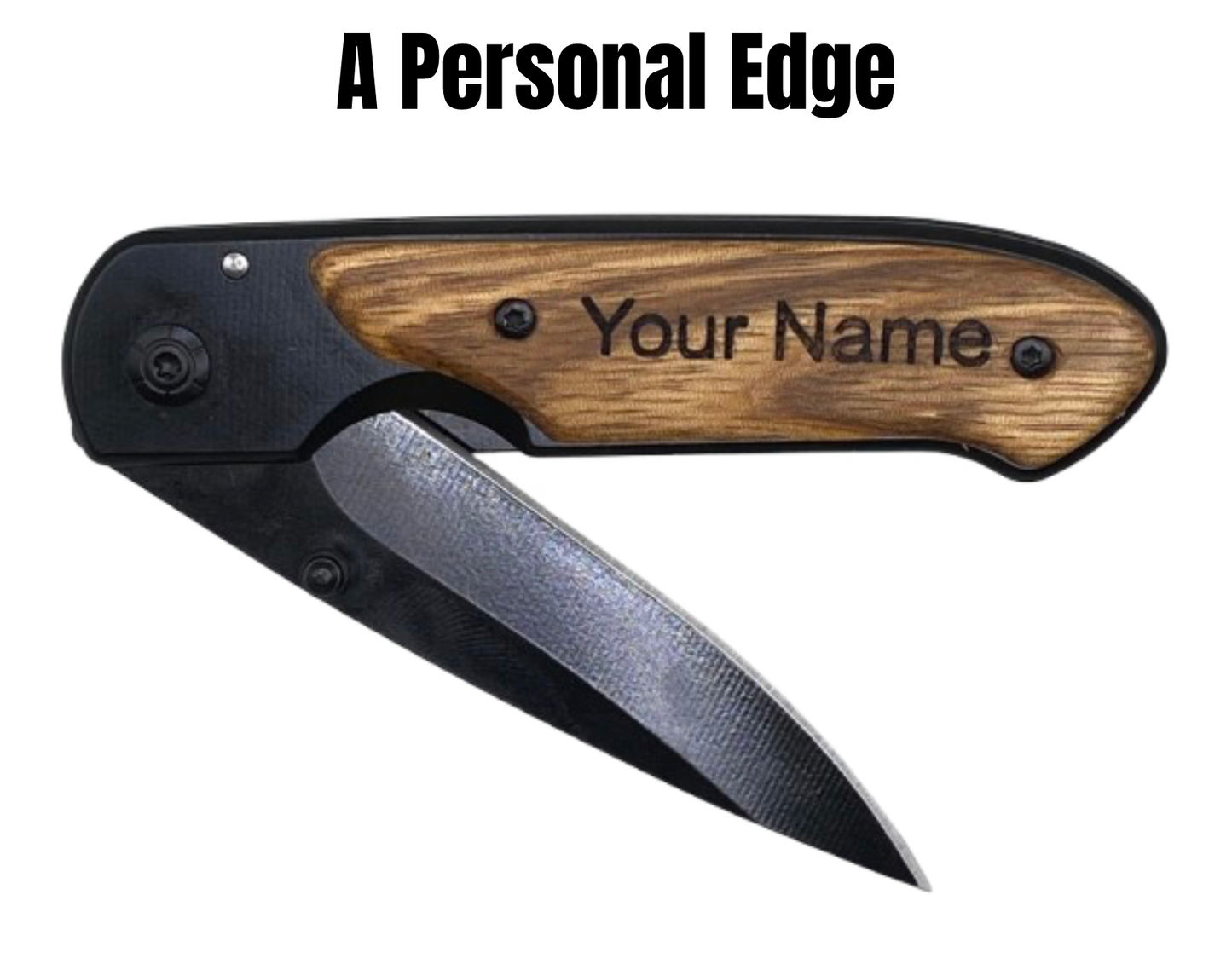 Personalized Wooden Pocket Knife - Black Handle with Wood Accents - Custom Engraved Folding Knife - Partially Opened Blade