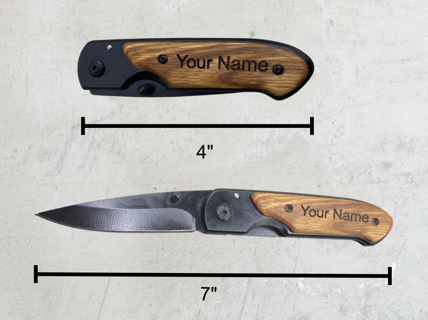 Custom engraved pocket knife dimensions – stainless steel blade with a wood handle. Compact, durable, and ideal for groomsmen gifts and outdoor use.