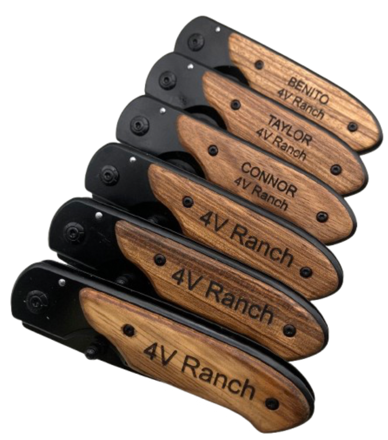 Custom Engraved Pocket Knives - 4V Ranch Design - Personalized Folding Knives - Diagonal Orientation