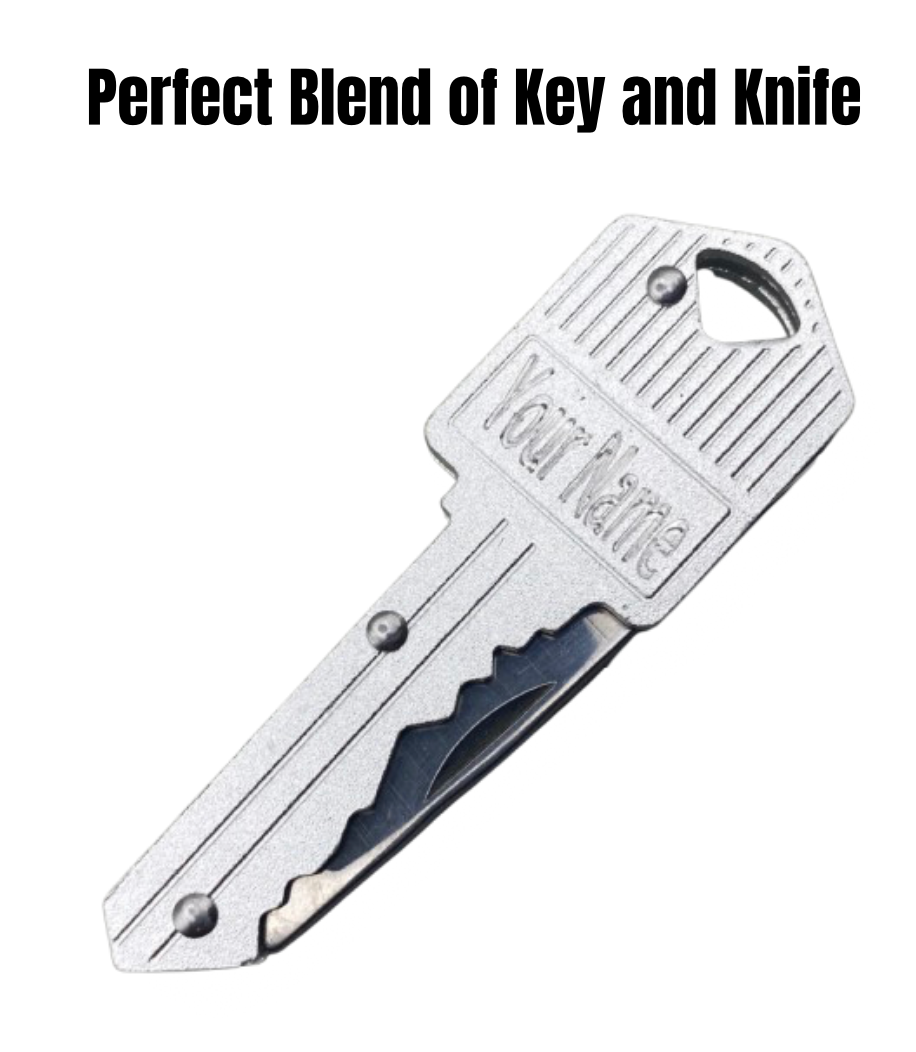 Silver Key Shaped Folding Knife with Personalized Engraving - Closed Position, EDC Pocket Knife