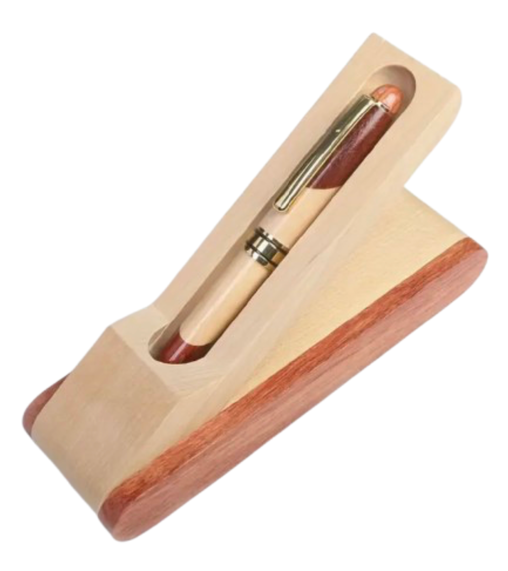 Engraved wooden gift box measuring 6.4 inches by 2 inches, paired with a 5.5-inch wooden twist-closure pen, shown in open format