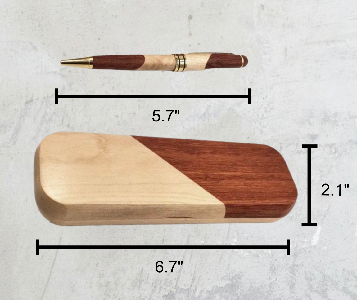 wooden display box with dimensions of 6.7”x2.1” and a 5.7” premium ballpoint pen. Both items shown with size labels.