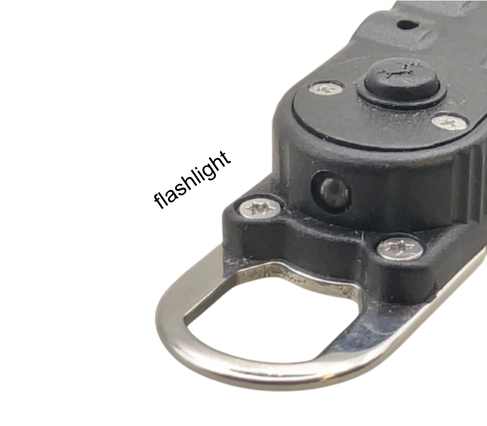 Close up view of the underside View of Multi-Tool Screwdriver with Flashlight and Button Detail