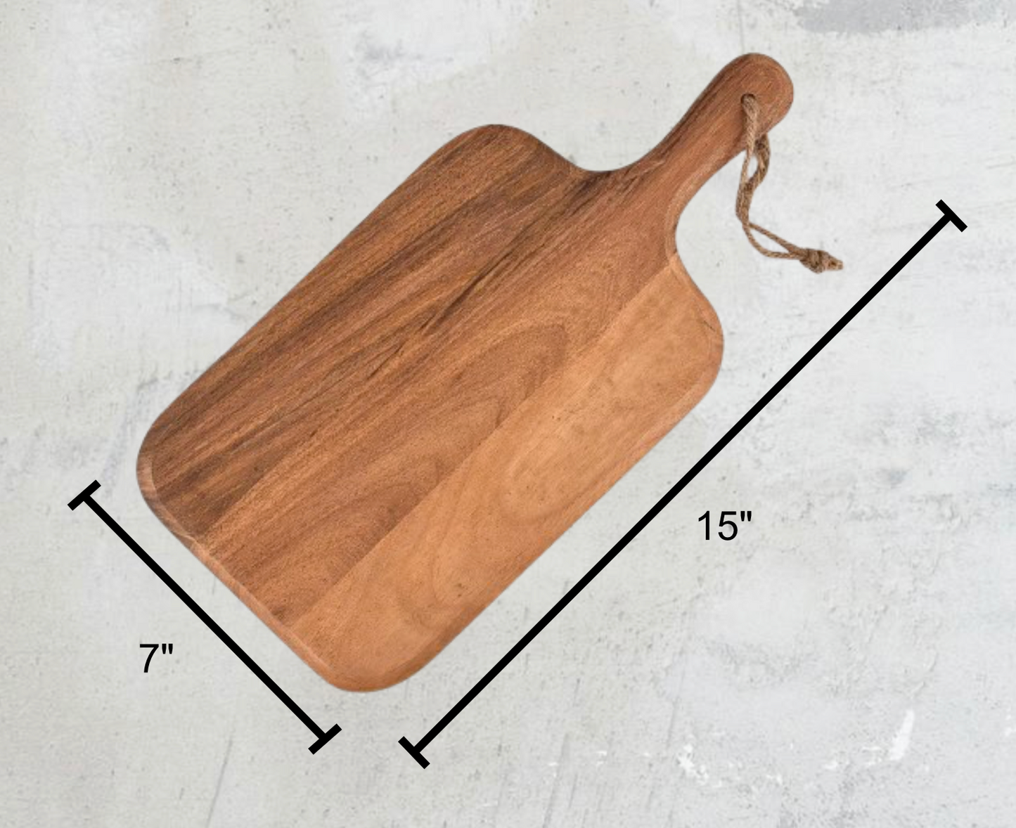 15-inch x 7-inch acacia wood cutting board with 0.75-inch thickness. Durable, eco-friendly, and handcrafted for kitchen, charcuterie, and serving use.