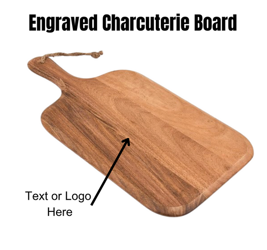 Custom engraved acacia wood cutting board with grip handle, personalized for kitchen use. Perfect for serving cheese, meats, and bread. Ideal wedding or housewarming gift.
