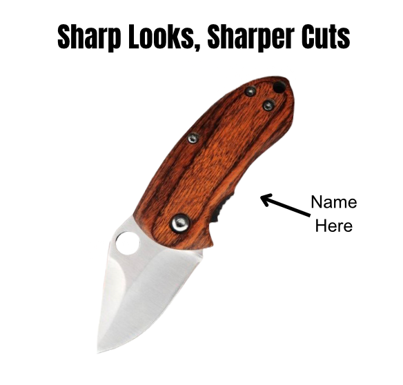 Custom engraved pocket knife with wood handle – personalized folding knife for everyday carry and gifting.
