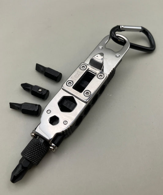 Multi-Tool Screwdriver with Interchangeable Bits - Phillips and Flat Heads, Built-in Bit Storage, Belt Clip, Bottle Opener, and Flashlight. Engraved with 'Text' on Metal Plate, Large Phillips Head Installed