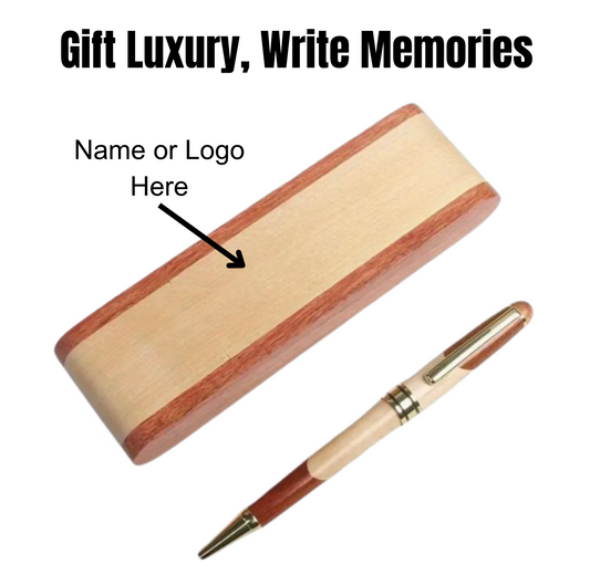 Engraved wooden gift box with premium signature pen inside, featuring a sleek twist-closure wooden pen and elegant natural wood box.