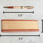 Engraved wooden gift box measuring 6.4 inches by 2 inches, paired with a 5.5-inch wooden twist-closure pen, shown with dimensions labeled.