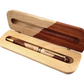 display box with dimensions of 6.7”x2.1” and a 5.7” premium ballpoint pen. Box is shown open displaying the pen inside. 