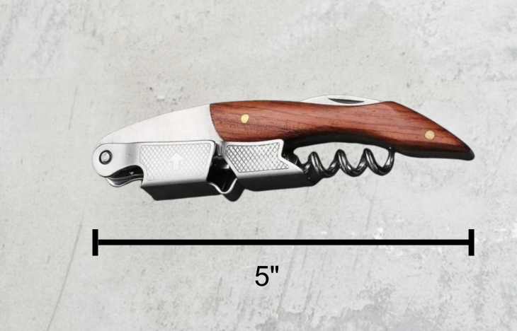 Dimensions of the engraved stainless steel corkscrew with wooden handle. 5 inches long